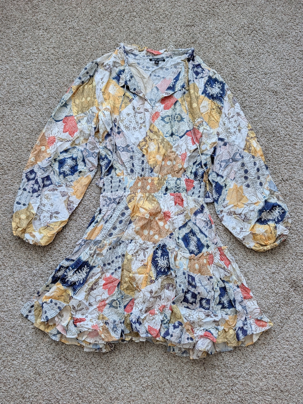 Dear John Womens White Navy Yellow Pink Boho Patchwork Floral Ruffle Dress Small